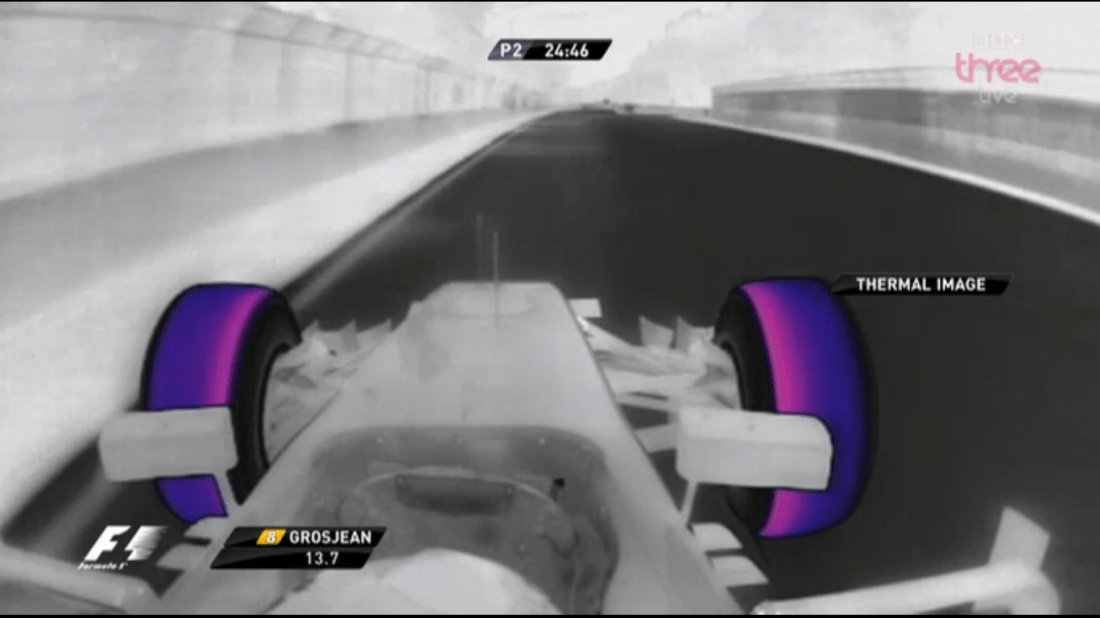 One of Formula One Management's best innovations: the thermal image, here seen on Romain Grosjean's Lotus during FP2 for the 2014 Canadian Grand Prix.