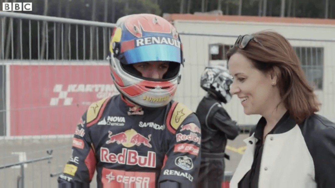 Lee McKenzie interviewing Max Verstappen as part of a wider feature during the BBC's coverage of the 2015 Belgian Grand Prix.