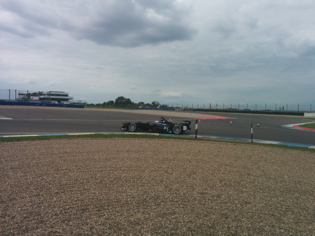 Sam Bird in the Virgin tackles the chicane on day three of Formula E testing at Donington Park.