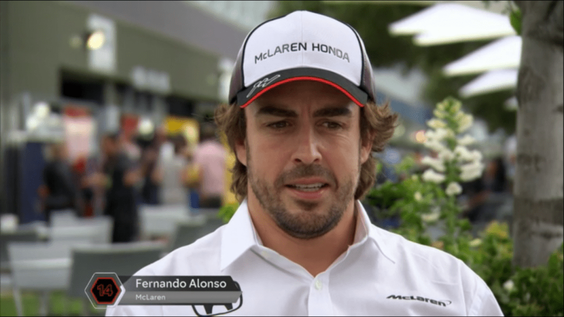 Fernando Alonso being interviewed by Lee McKenzie during Channel 4's coverage of the 2016 Australian Grand Prix Qualifying session.