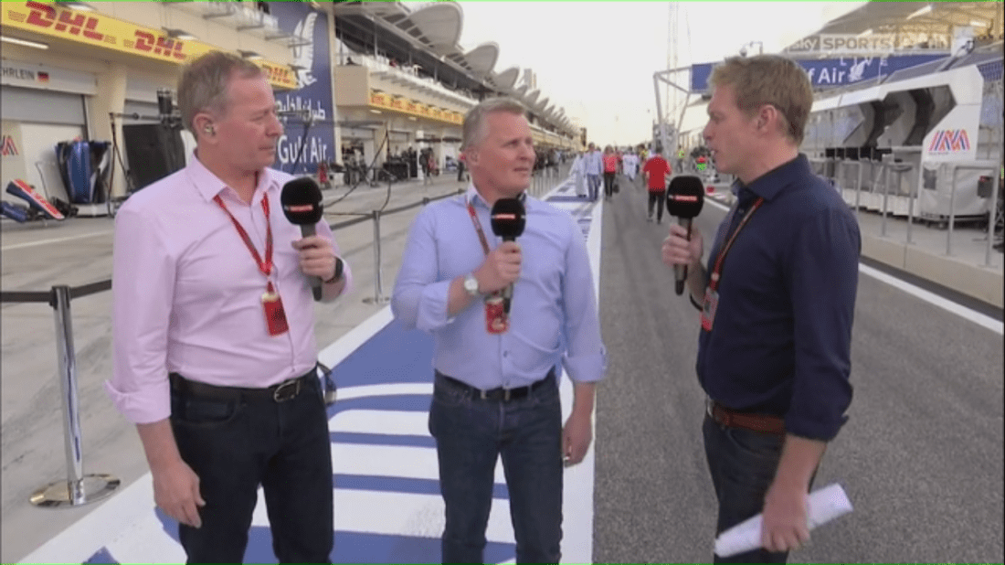 Sky Sports F1's team of Martin Brundle, Johnny Herbert and Simon Lazenby in pit lane before qualifying for the Bahrain Grand Prix.
