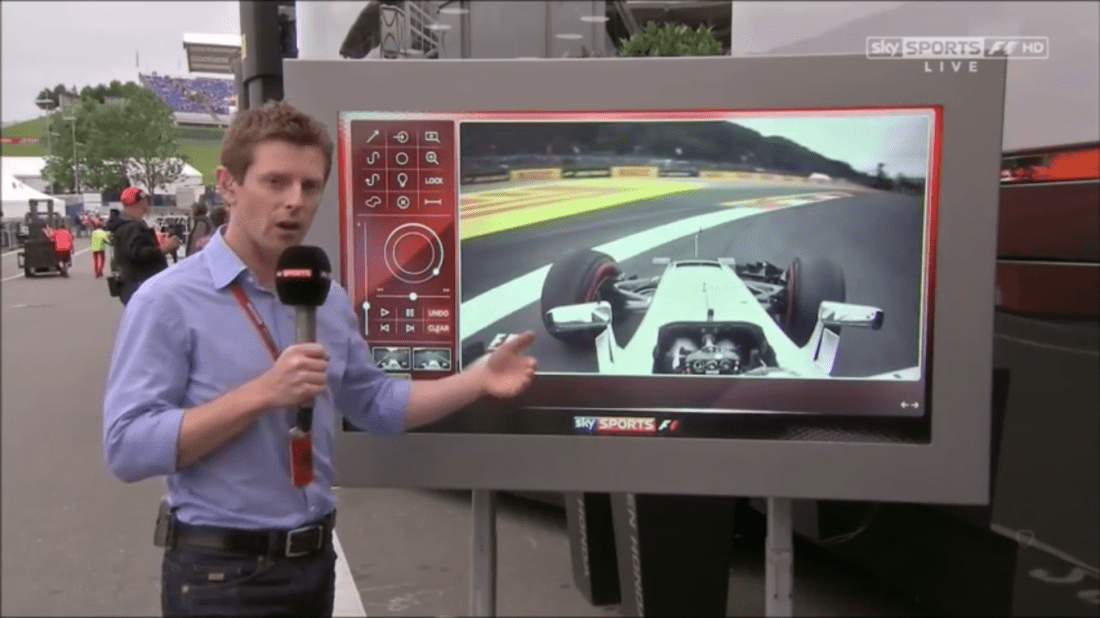 Anthony Davidson in mid-flow during Sky Sports F1's coverage of the 2016 Austrian Grand Prix, dissecting the crash between Lewis Hamilton and Nico Rosberg.