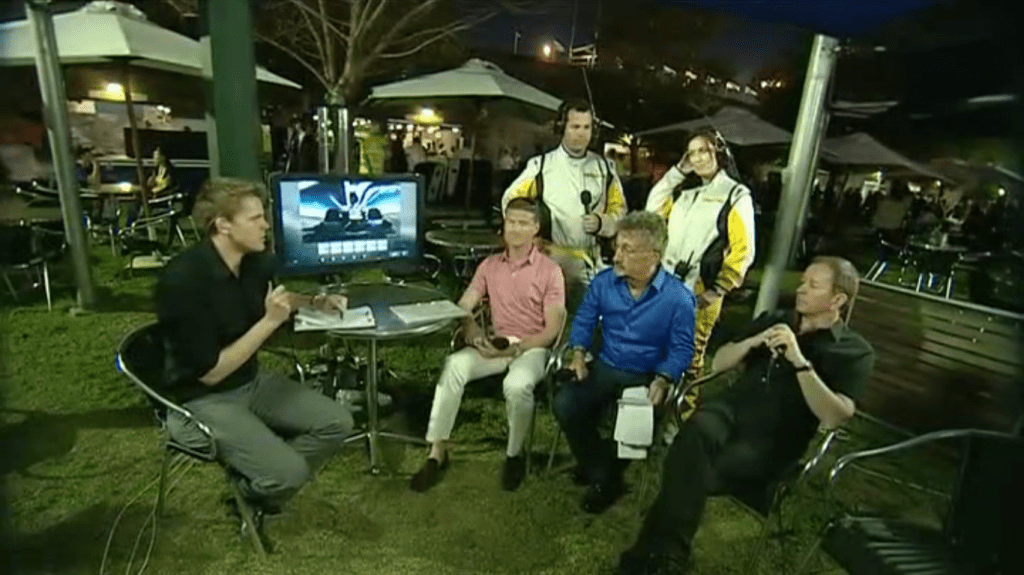 The first BBC F1 forum at the 2009 Australian Grand Prix. Jake Humphrey (l), Ted Kravitz and Lee McKenzie (top r), David Coulthard, Eddie Jordan and Martin Brundle (bottom r).