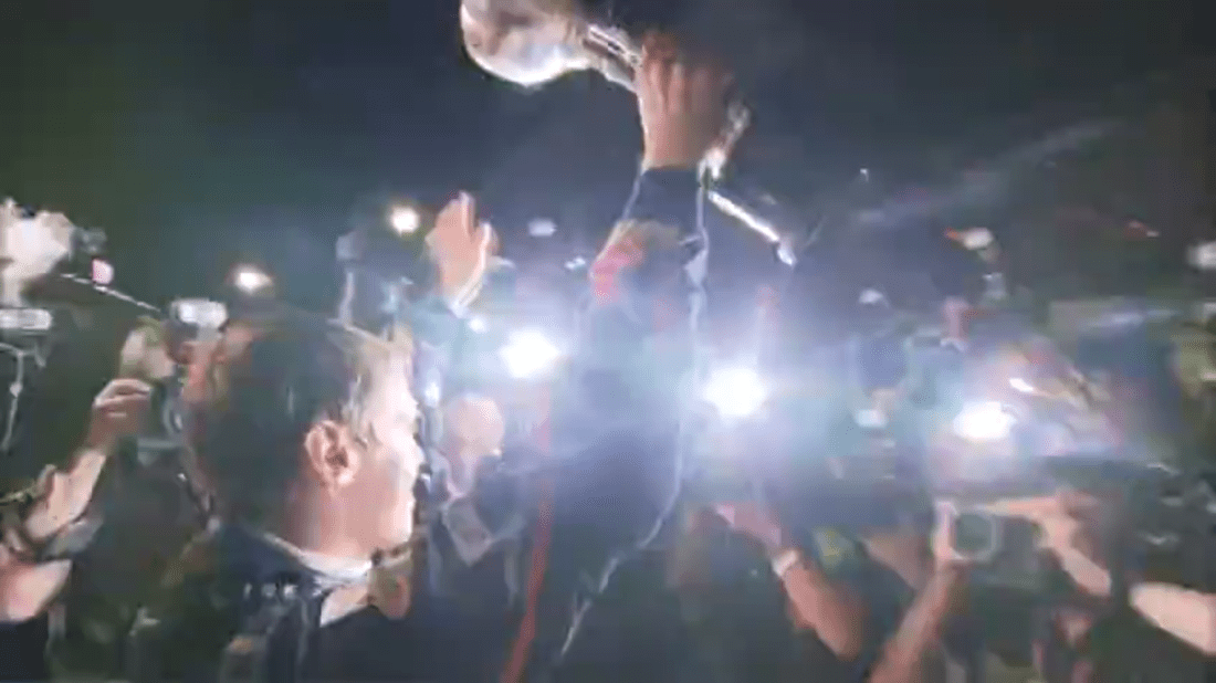 Moments to last a lifetime, beamed to millions of viewers. Sebastian Vettel's championship celebration, during the 2011 Japanese Grand Prix post-race forum show.